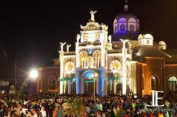 Nighttime view of the Basilica de Los Angeles where a young girl once saw a vision of the Virgin Mary